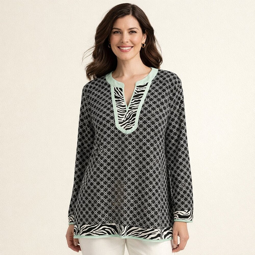 Dana Buchman Women Size 16 Navy Blue White Green Zebra Blouse Top